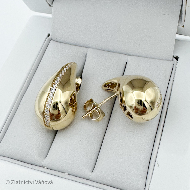 Žluté zlato náušnice KAPKY se zirkony na puzetu